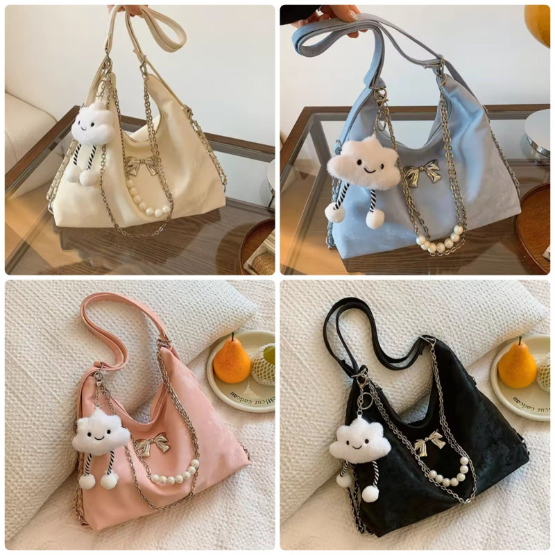Soft Leather Korean Style Pearl Chain Shoulder Bag